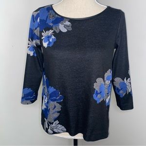 Club Monaco black blue floral knit leather trim 3/4 sleeve top blouse size Small